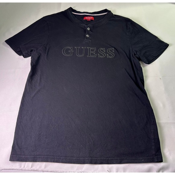 Guess Other - Guess Los Angeles Men's Black Henley Shirt Short Sleeve Embossed Logo Size Large